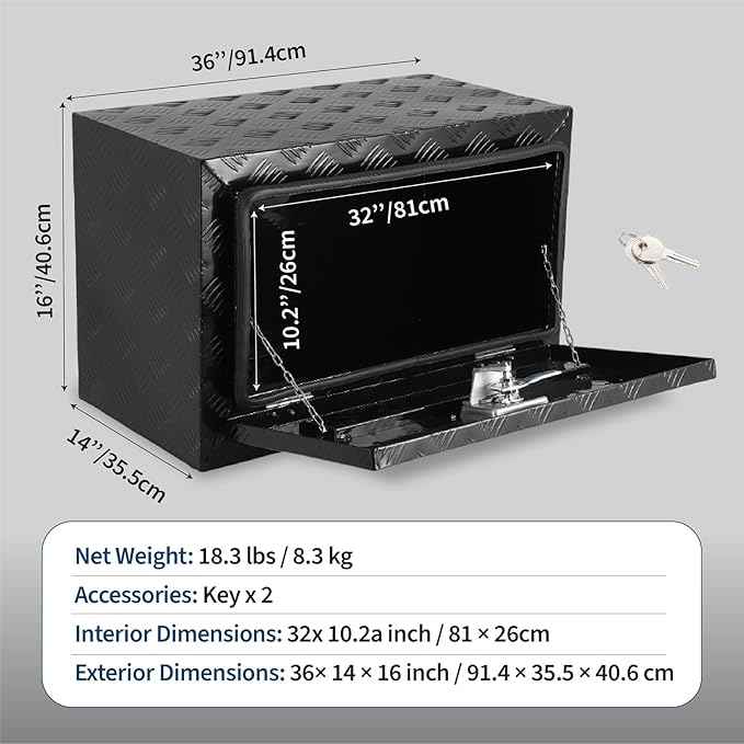 Garvee 36"x14"x16" Underbody Truck Tool Box - Heavy Duty Aluminum Diamond Plate Lockable Storage Box with T-Handle Latch & Keys, Waterproof Pickup Trailer Van Under-Vehicle Cargo Box, Black