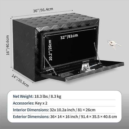 Garvee 36"x14"x16" Underbody Truck Tool Box - Heavy Duty Aluminum Diamond Plate Lockable Storage Box with T-Handle Latch & Keys, Waterproof Pickup Trailer Van Under-Vehicle Cargo Box, Black
