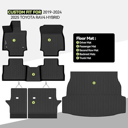 Tongama-Floor Mats for 2019-2024 2025 Toyota RAV4 Hybrid, All Weather TPE Floor Liners and Trunk Mat and Backrest Mats Protectors for Toyota RAV4 Hybrid Waterproof Interior Accessories