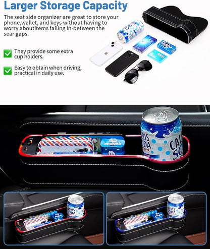 Shademax LED Car Seat Gap Filler Organizer Console Side Storage Box Between Seats with Cup Holders RGB Color Changing Storage Front Seat Gap Filler with USB Charging Car Interior Accessories (2 Pack)