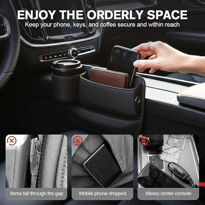 2 Pack Leather Car Seat Gap Filler Organizer for Tesla Model Y 2020-2026, with Cup Holder Universal Adjustable Storage Box Auto Interior Accessories Driver Passenger Seat,Black