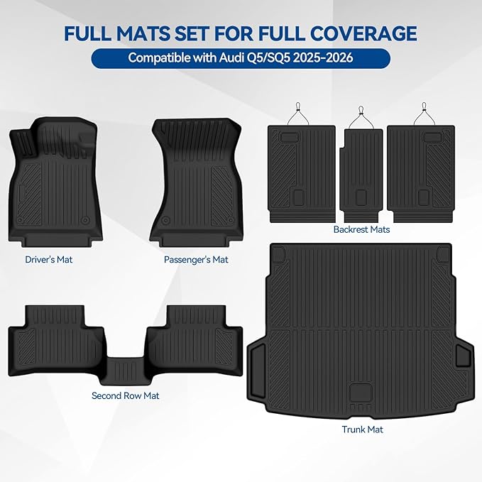 Custom Fit Floor Mats for Audi Q5/SQ5 2025-2026(Not for PHEV), All Weather TPE Floor Liners with Trunk Mat & Backrest Protectors, Odorless Full Set Interior Accessories