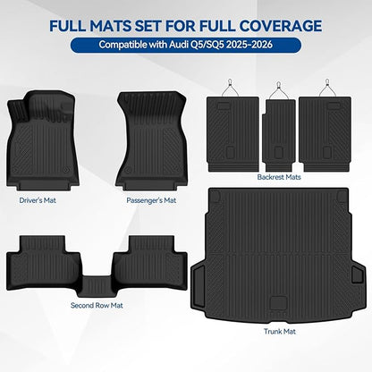 Custom Fit Floor Mats for Audi Q5/SQ5 2025-2026(Not for PHEV), All Weather TPE Floor Liners with Trunk Mat & Backrest Protectors, Odorless Full Set Interior Accessories