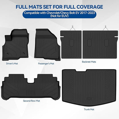 Custom Fit Floor Mats for Chevrolet/Chevy Bolt EV 2017-2023(Not for EUV), All Weather TPE Floor Liners with Trunk Mat & Backrest Protectors, Odorless Full Set Interior Accessories
