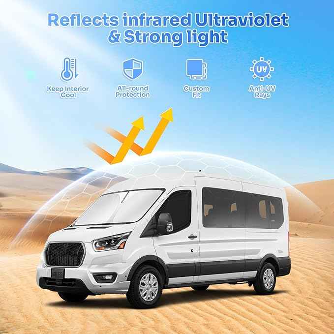 Window Shades for 2015-2025 2026 Ford Transit Accessories Windshield Sun Shade Side Rear Window Cover Sunshade Sun Visor Shield Privacy Protection for Camping Keep Vehicle Cool Black 3PCS