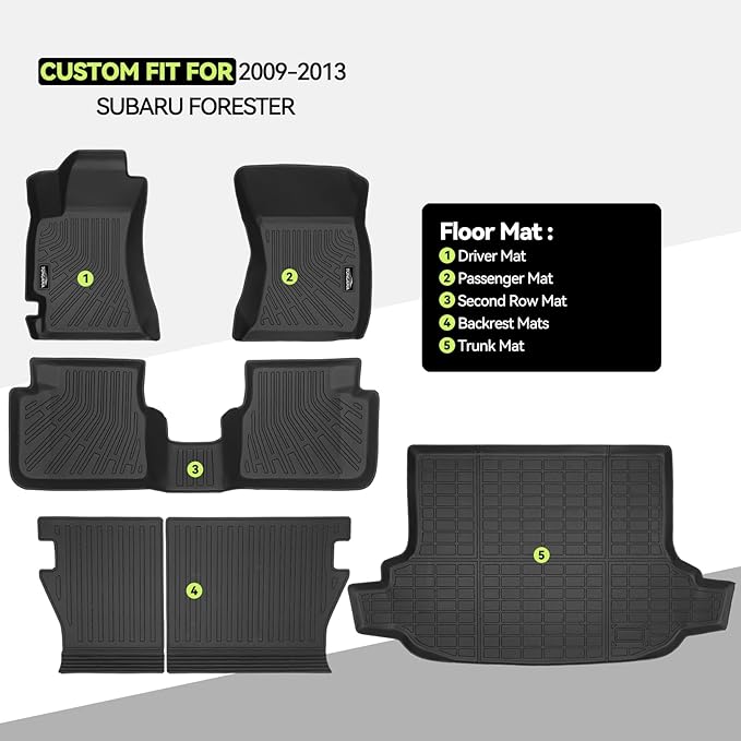 Tongama-Floor Mats for 2009-2013 Subaru Forester, All Weather TPE Floor Liners and Trunk Mat and Backrest Mats Protectors for Subaru Forester Interior Waterproof Accessories
