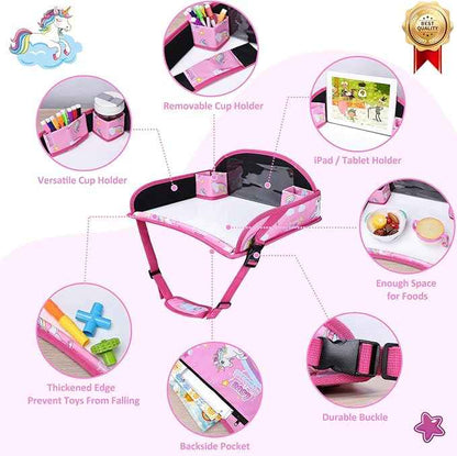 Kids Travel Tray for Toddler Carseat, Road Trip Activities Essentials for Toddler, Kids Lap Desk Tray with Tablet Holder Stand ＆ Dry Erase Board (Pink Unicorn)
