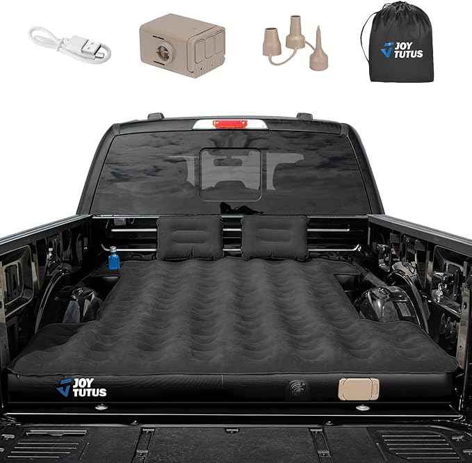 JOYTUTUS 6.4-6.7Ft Truck Bed Air Mattress with Built-in Air Pump, Inflatable Mattress Full Size Regular Beds for Outdoor Camping,with Carry Bag&Cup Holder,Black