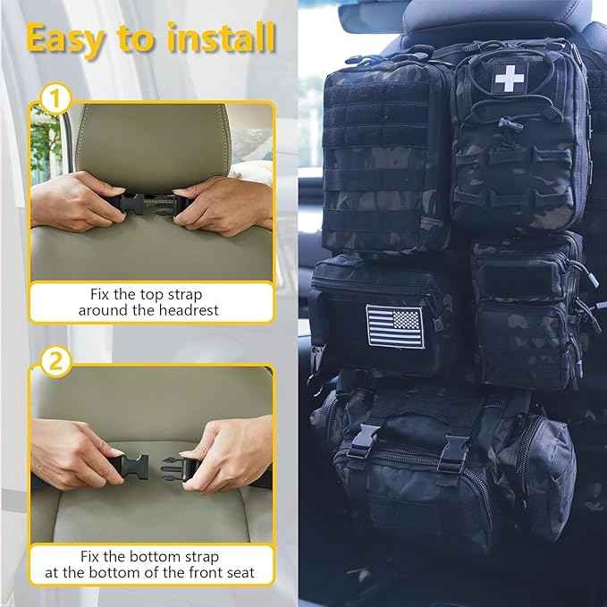 Universal Tactical Car Seat Back Organizer Bag Tactical Molle Vehicle Organizers Panel Vehicle Protector Organizers with 5 Detachable Pouches for Car Truck Ford Jeep (Model B-Black camo)