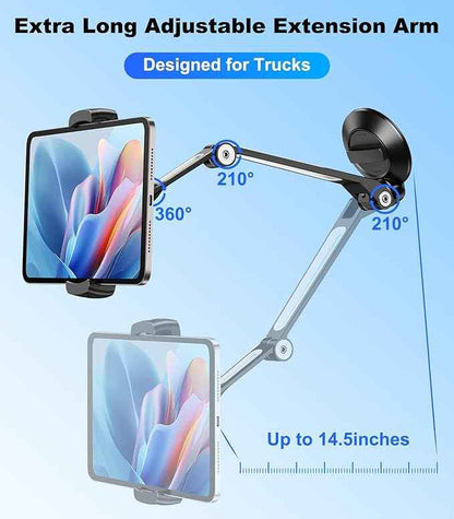 Car iPad Tablet Mount Holder for Truck, 360° Long Arm Cup Suction Dashboard Windshield Heavy Duty Mount for Semi Truck/SUV/Van, Vehicle Accessories Fit for 4.7-12.9" iPad Pro Air Mini iPhone