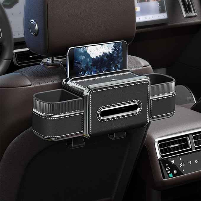 Multifunctional Car Seat Back Organizer Box with Drink Cup Holder, Makeup Mirror, Tissue Box& Hooks for Car Seat Back, New Upgrade Car Headrest Backseat Organizer Suitability for Wife, Girlfriend