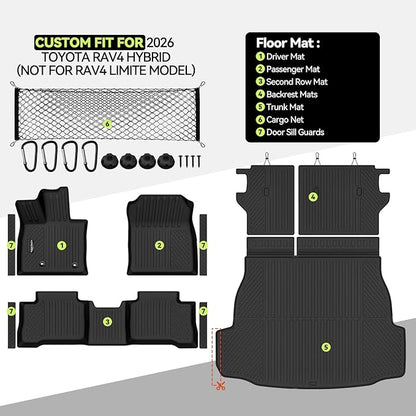 Tongama-Floor Mats for 2026 Toyota RAV4 Hybrid(Not for Limite Model/PHEV/Cargo Area with Subwoofer), All Weather TPE Trunk Mat & Backrest Mats & Cargo Net & Door Sill Guards for RAV4 Accessories