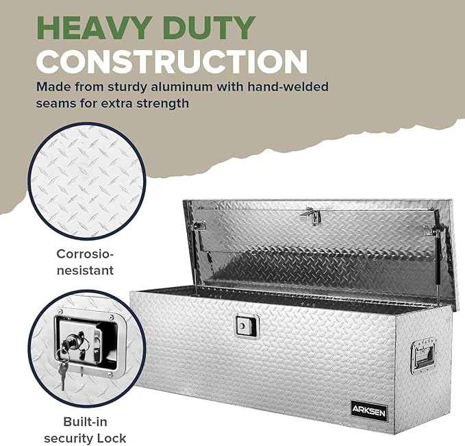 ARKSEN 49 x 15 x 15 Inch Diamond Plate Truck Bed Tool Box, Heavy Duty Waterproof Aluminum Toolboxes Storage Chest with Side Handle & Lock for Pickup Truck Bed, RV & Trailer Silver