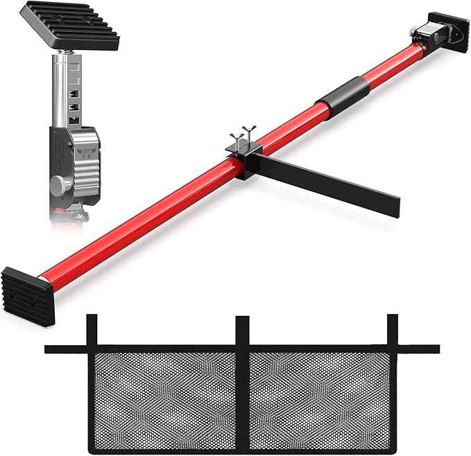 3-H Truck Cargo Bar, 43"-77" Adjustable Support Pole All Metal,Cabinet Jack,Truck Bed Divider with Self-Locking Spring Ratchet - Load Lock Bar for Vans, SUVs & Trucks,Red,1pc & Divider Bar+Net