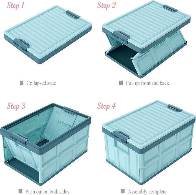 Blue Folding Plastic Stackable Utility Crates 2-Pack, Collapsible Storage Bins with Lids 30L, Durable Containers for Home & Garage Organization