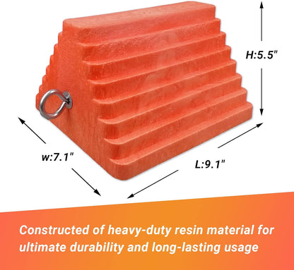 2 Packs Wheel Chocks Heavy Duty Orange with Eyebolt, Vehicle Chock for Travel Trailers, Camper, Truck, Car and ATV, 9.1" Length x 7.1" Width x 5.5" Height