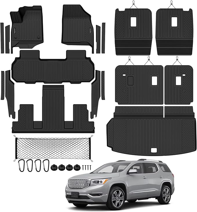 Tongama-Floor Mats for 2024-2026 Chevy Traverse/GMC Acadia 7 Seat with Bucket Seats, All Weather TPE Trunk Mat & 2nd/3rd Row Backrest Mats & Cargo Net & Full Coverage Door Sill Guards Kit