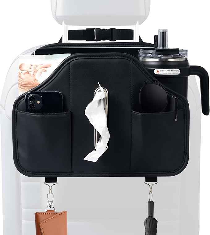 Upgraded Car Tissue Holder,Car Seat Back Organizer With Cup Holder,Premium PU Leather Headrest Seat Back Storage Fits For Kleenex Tissue Box (50-230ct)