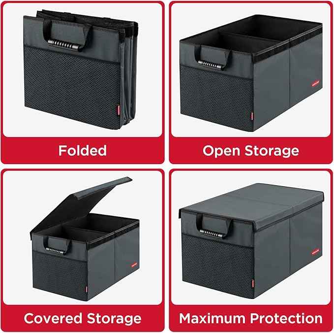 Rubbermaid Car Organizer, Collapsible Trunk Organizer, Multi-Compartment Car Storage Organization for Car Accessories, 2 Compartments With Cover, 21.65"*14.17"*12.2" - Gray