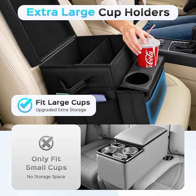 Foldable Bench Seat Center Console, Car Armrest Organizer Box with 2 Large Cup Holders & Massive Storage, Universal Portable Trunk Console Arm Rest for Car/Truck/Van/SUV Rear Organizers Back Seat