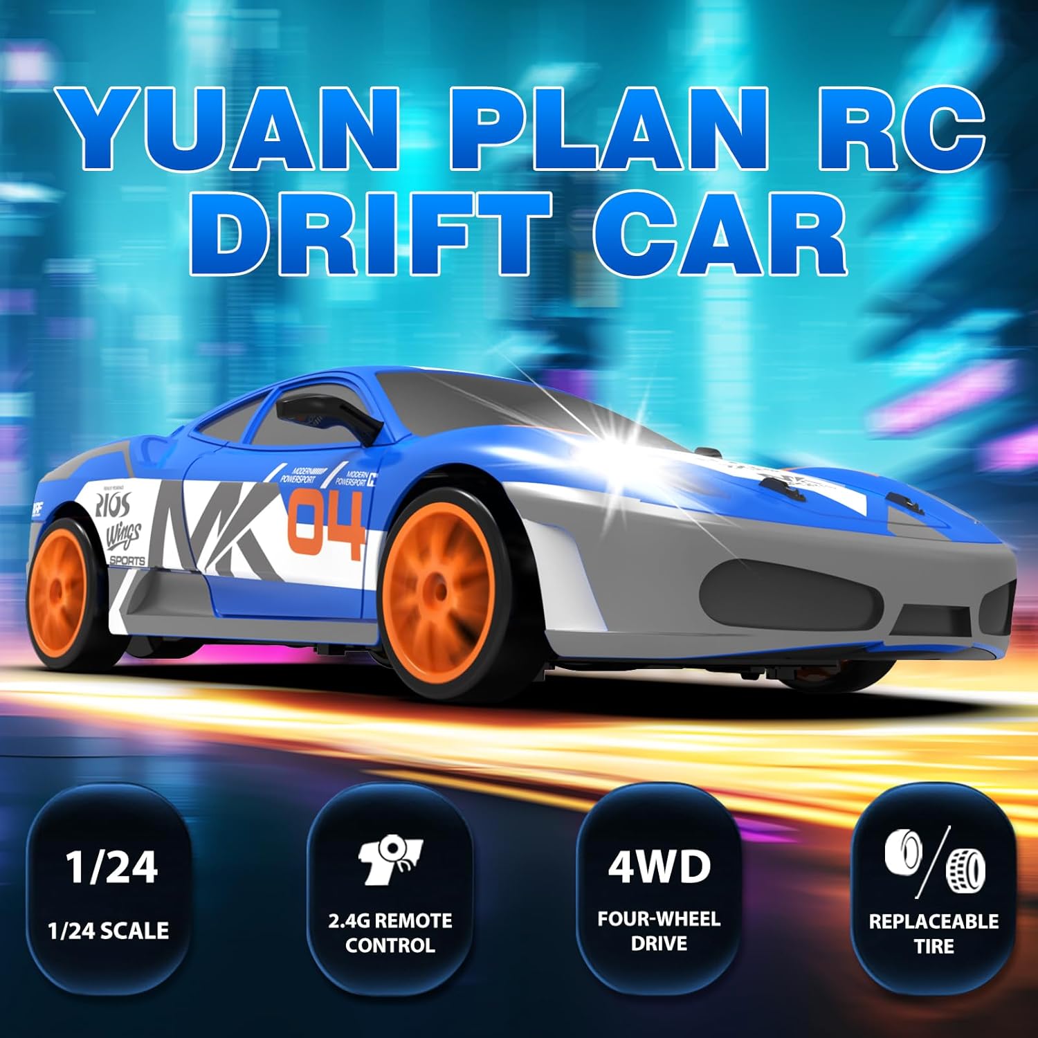 RC Drift Car 2.4GHz 1:24 Scale 4WD Remote Control Car 15KM/H High Speed Drifting RC Cars with Cool Lights, Two Batteries and Extra Tires Toys for Kids Boys Girls Adults, Blue - AutoBay