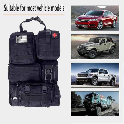 tactical car seat back organizer and storage truck seat covers with a Molle Vehicle Panel and 5 Different Size Molle Pouches for most models such as Jeep,SUV,Pickup(Black)