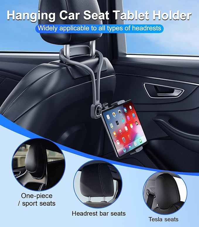 Car iPad Tablet Holder Back Seat Accessories for Tesla/Sport/Bucket/Performance Seats, Rear Headrest Tablet Hanger Mount for Kids/Adults, Road Trip Essentials with Car TV/Entertainment Gadgets
