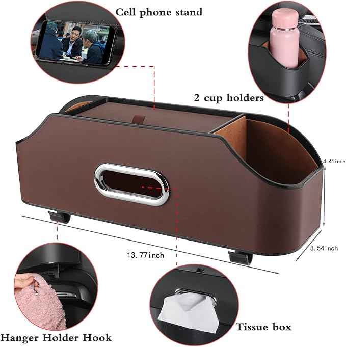 HOLDCY Car Back Seat Organizer with 2 Drink Cup Holder - Tissue Box and Storage Box Hook - Multi-functional Storage - Great for Kids and Travel (Brown)