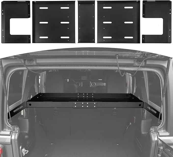 RT-TCZ Rear Trunk Cargo Rack Basket for Jeep Wrangler JKU (2007-2017) & JLU (2018+), 4 Door Interior Storage Shelf, Black Aluminum Alloy & Stainless Steel, 3PCS Assembled Pallet