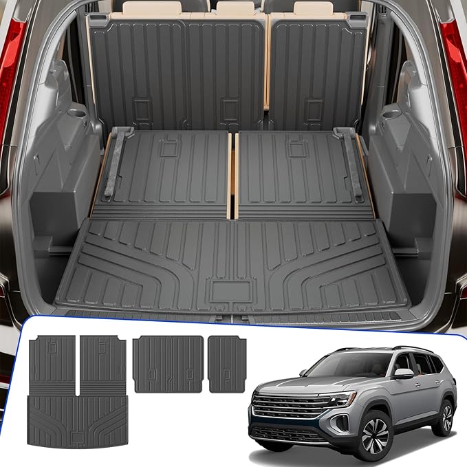 Rongtaod Cargo Mat Compatible with 2018-2025 2026 Volkswagen Atlas (NOT for Cross Sport) Trunk Mat Trunk Liner Cargo Liner Kick Mat 2024 VW Atlas Accessories (Trunk Mat+2nd&3rd Row Backrest Mats)