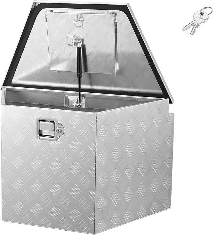 VEVOR Trailer Tongue Box, Heavy Duty Trailer Tongue Tool Box Storage Organizer with Lock & Keys, Utility Tool Chest for Pickup Truck Bed, RV, SUV, Off-Road Vehicle, Aluminum, 33" x 19" x 18", Silver