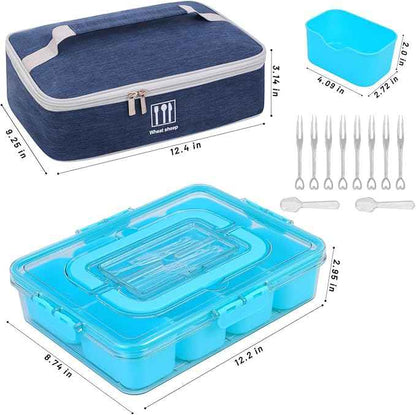 Snack Box Container with Insulated Cooler Bag, Divided Serving Tray with Lid and Handle Beach Essentials, Snackle Box Veggie Fruit Tray with 8 Compartments & 8 Forks & 2 Spoon Blue