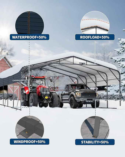 20x20FT Metal Carport Heavy-Duty Build with LED Light & Galvanized Steel Roof, All-Season Reinforced Stable Structure,Spacious Versatile Shelter for Cars, Boats, and Events