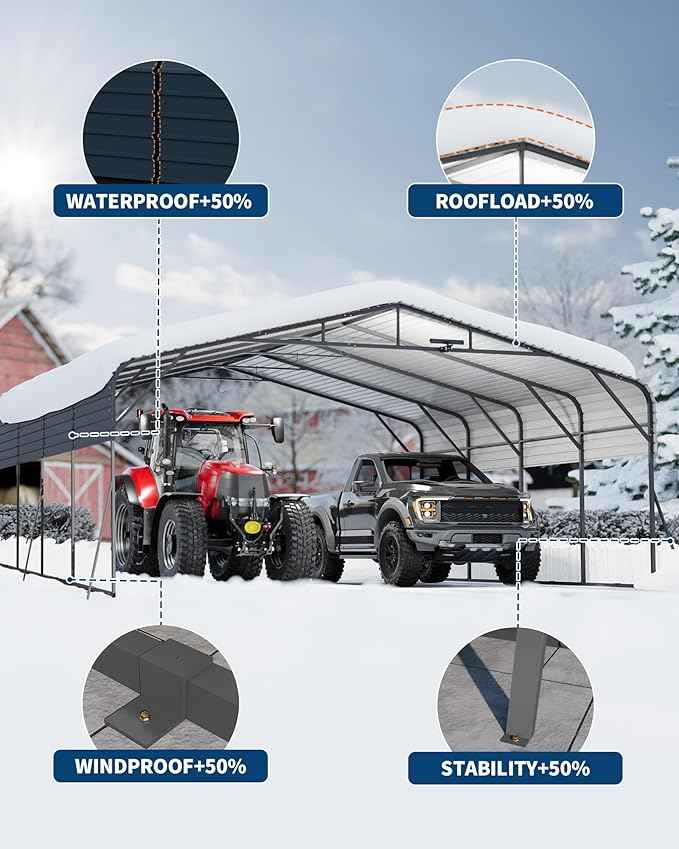 20x20FT Heavy Duty Metal Carport for 2 Cars, Outdoor Portable Car Garage w/Led Light,Reinforced Base and Galvanized Steel Roof, Outdoor Car Port Canopy Shelter for Boats, Full-Sized Pickup Trucks