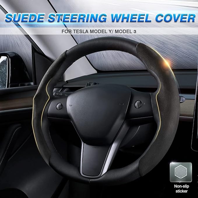 Shademax Custom-Fit for Tesla Steering Wheel Cover, Tesla Model Y 2020-2025 /Model 3 2017-2023Suede Steering Wheel Cover Protector, Non-Slip, Model Y/3 Accessories (Black)