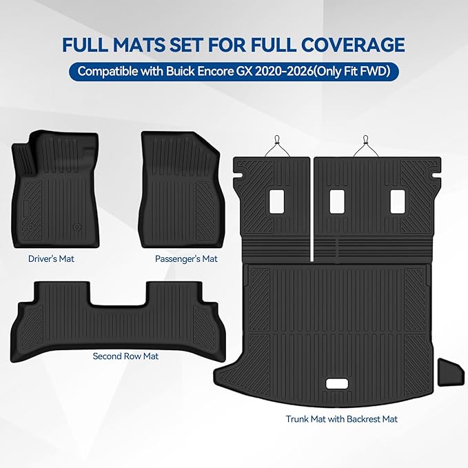Custom Fit Floor Mats for Buick Encore GX 2020-2026(Only Fit FWD), All Weather TPE Floor Liners with Trunk Mat & Backrest Protectors, Odorless Full Set Interior Accessories