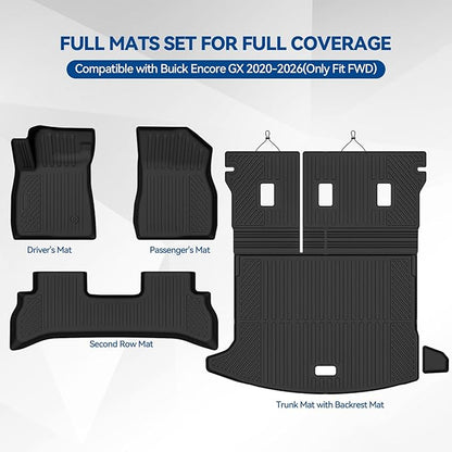 Custom Fit Floor Mats for Buick Encore GX 2020-2026(Only Fit FWD), All Weather TPE Floor Liners with Trunk Mat & Backrest Protectors, Odorless Full Set Interior Accessories