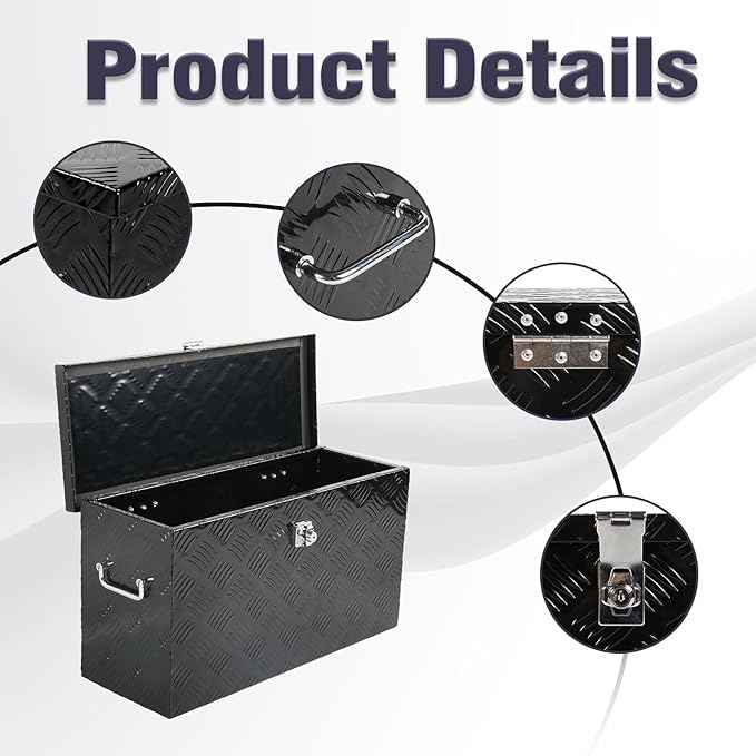 24 Inch Black Aluminum Tool Box 5 Bar Tread ToolBox for Truck Bed Car Outdoor Trailer Pickup Underbody RV ATV Storage Underbed Tools Organizer with Side Handle and Lock (24"X9.5"X12.5")