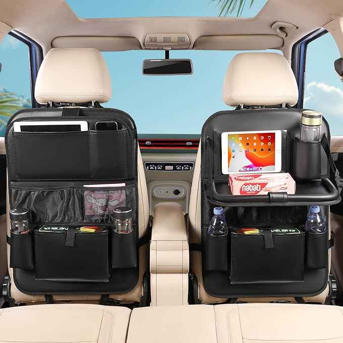 Leather Car Backseat Organizer with Tablet Holder - 9 Large Storage Pockets, Foldable Food Tray & Anti-Scratch Kick Mats - Universal Car Seat Protector for Kids, Pets & Travel Accessories 1 Pack