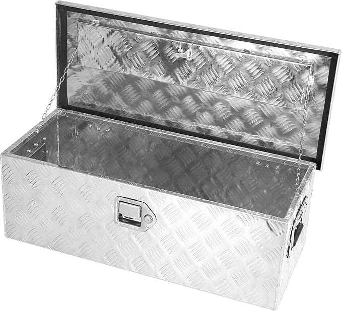 Truck Bed Toolbox for Trailer Pickup, RV Storage Organizer Tool Box Flatbox with Side Handle Lock Keys, Aluminum 5 Bar Tread Pattern Truck Bed Tool Box, Diamond Plate Chest Box Organizer 30 inches