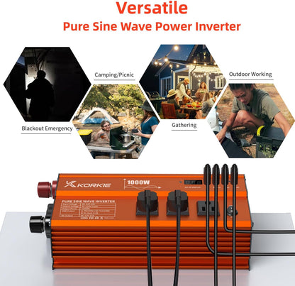 1000W Pure Sine Wave Inverter, Car Power Inverter, 12V DC to 110V AC Power Converter, Emergency Power Inverter with Type-C, Dual 5.2V/2.4A USB, 3AC Outlets for Home,Camping, RV, Truck, Vehicles