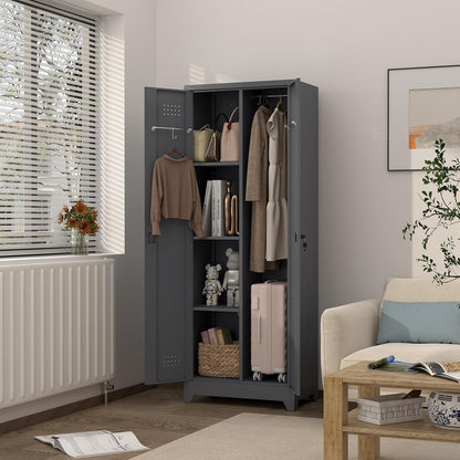 GREATMEET 65" H Metal Garage Storage Cabinets with Lock Door and Adjustable Shelves,Grey Broom Closet Storage Cabinet for Cleaning Supplies for Garage, Bathroom,Kitchen,Home