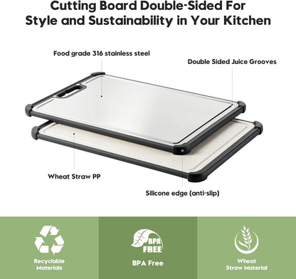 Premium 316 Stainless Steel Cutting Board for Kitchen Extra Large 16.9" x 11.8" Best Non-Toxic Chopping Board for Meat Food-Grade Metal & Eco-Friendly Wheat Straw Dual-Sided Healthy Kitchen Essential