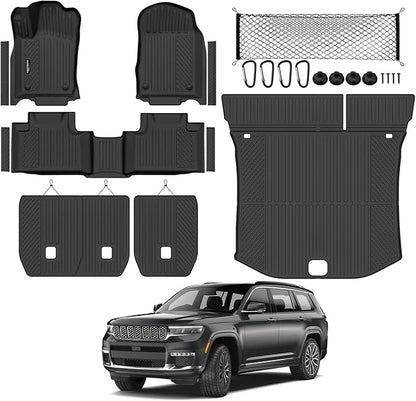 Tongama-Floor Mats for 2016-2021 Jeep Grand Cherokee & 2022 WK(Not for L), All Weather TPE Trunk Mat and Backrest Mats and Cargo Net and Door Sill Guards for Jeep Grand Cherokee Accessories