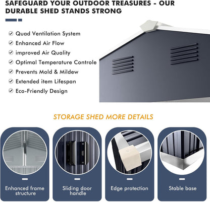 Metal Shed 8x10x6 FT - Steel Tool Storage with Sliding Door and Air Vents - Outdoor Bike Shed for Garden, Backyard, Patio - Utility Storage Solution