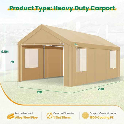 COBIZI 12x20 FT Heavy Duty Carport with Galvanized Frame, Carport Canopy with Roll-up Windows, Storage Tent with Removable Sidewalls & Doors, Built-in Sandbags for Car Boat Truck, Khaki