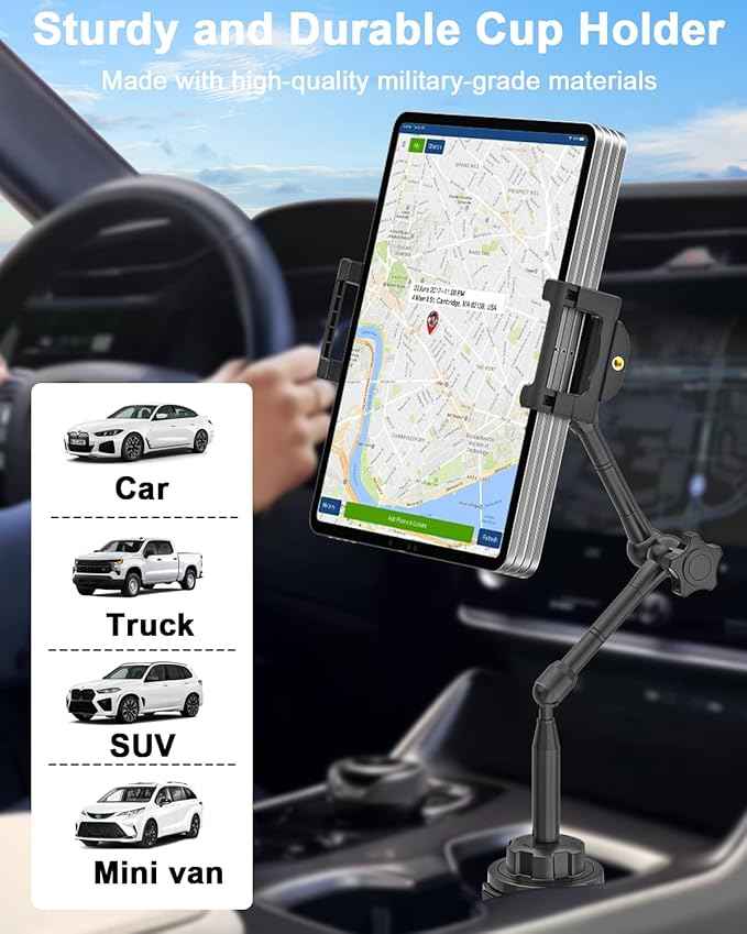 woleyi Tablet Holder for Car Cup Holder, [Full Motion Swivel 19.7" Height] Metal Tablet Car Mount for Truck, for iPad Pro Air Mini, Galaxy Tab, Z Fold, Fire, iPhone, 6-15.6" Devices, Cars Trucks SUVs
