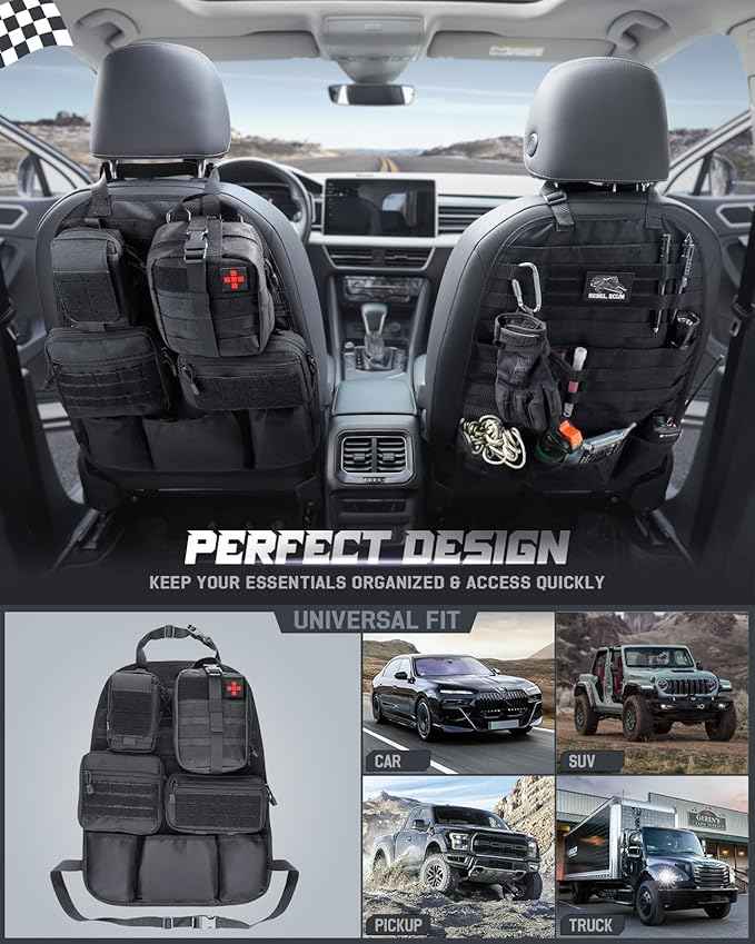 WYNEX Car Seat Back Organizer Set, Universal Vehicle Accessories Molle Panel Detachable 4 Tactical Pouches - Medical, Phone, Admin Storage Bag for Road Trips, Fits Most Cars, SUVs, Trucks