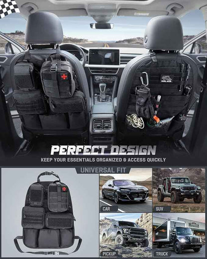 WYNEX Car Seat Back Organizer Set, Universal Vehicle Accessories Molle Panel Detachable 4 Tactical Pouches - Medical, Phone, Admin Storage Bag for Road Trips, Fits Most Cars, SUVs, Trucks