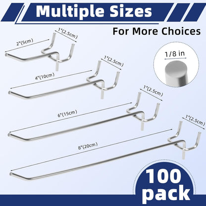 100 Pack Pegboard Hooks Heavy Duty 4 6 8 Inch Pegboard Hooks 1/8 Stainless Steel Peg Board Shelving Hanging Tool Pegs Organizer Accessories Kit for Garage Kitchen Store Craft Organizing Wall Storage